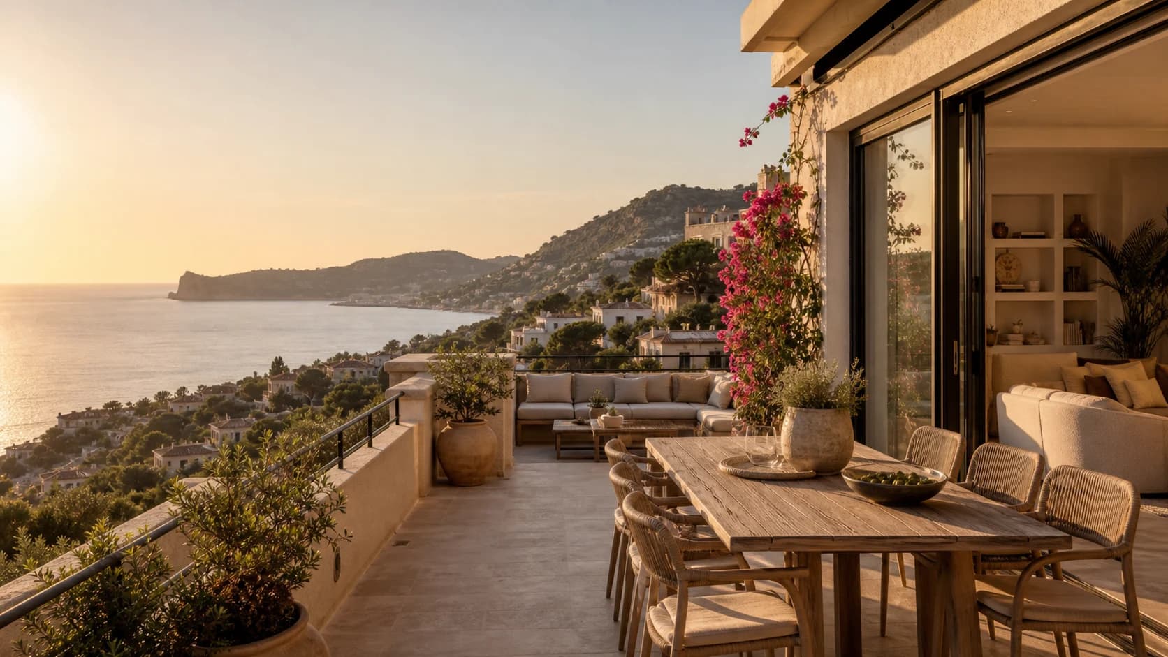Elegante Mallorca-Terrasse mit Meerblick bei Sonnenuntergang