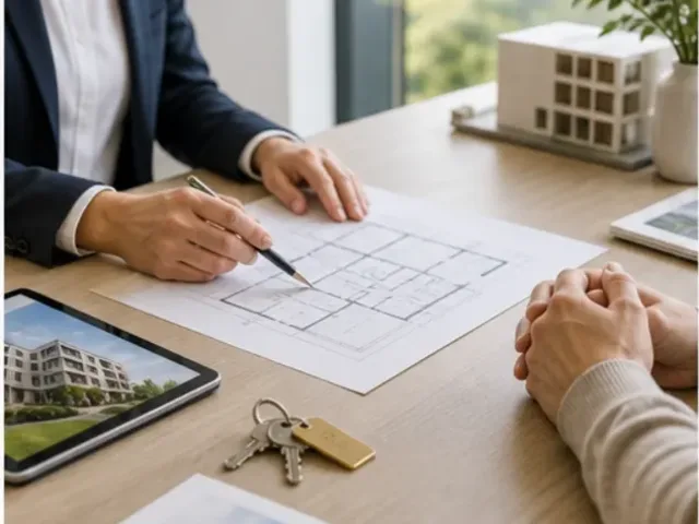 Beratungsgespräch zu Immobilienunterlagen im modernen Büro